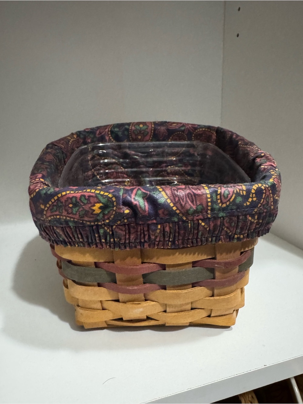 Longaberger Woven Basket with Paisley Fabric Liner - Brown, Purple, Green